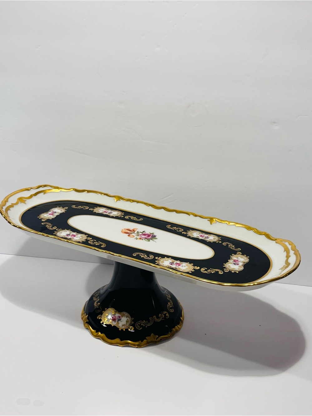 Vtg REICHENBACH Germany Echted Cobalt Baroque & 24K Gold Trim Pedestal Tray